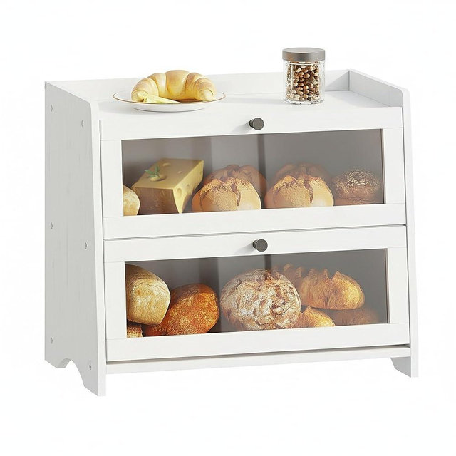 BAMBANG Bread Box for Kitchen Countertop, Extra Large Bamboo Bread Storage Container for Homemade Bread, Double Layer Sourdough Breadox, Bread Bin Organizer for Counter Cabinet Pantry, White
