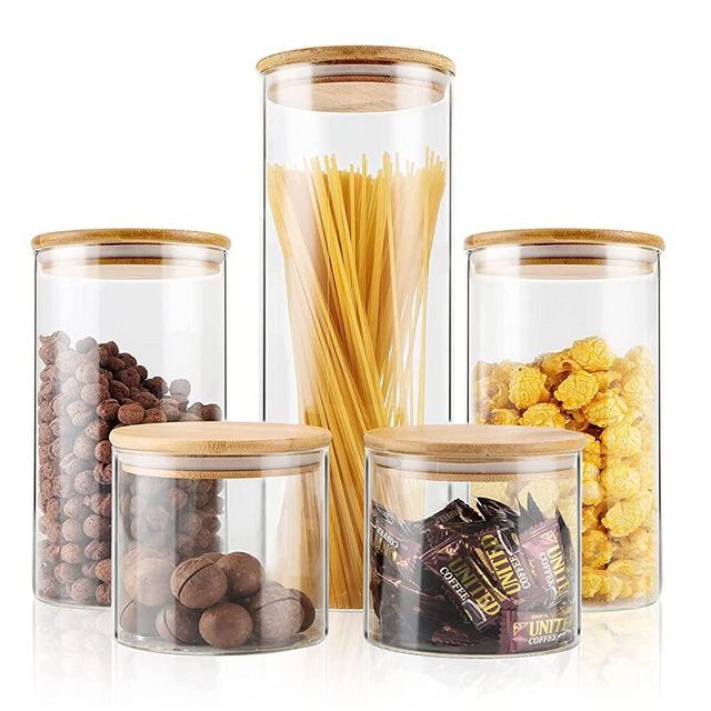 Glass Food Storage Jars Set of 5,Glass Storage Containers Clear Glass Food Canister with Bamboo Lid Airtight For Serving Tea, Coffee, Flour, Sugar, Candy, Cookie, Spice and More (Circular)