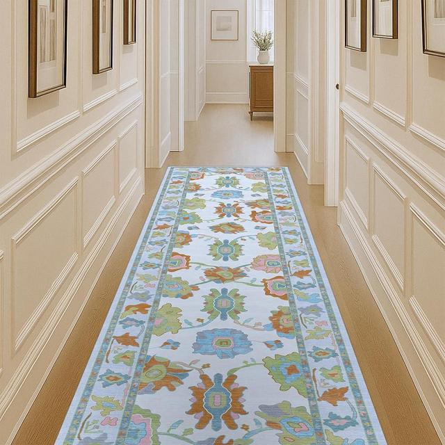 Fame Living Colorful Oushak Runner Rug, Modern Runners, Vintage, Turkish, Eclectic, Floral, Pastel, Washable, Runner for Hallway, Kitchen, Bedroom, Bathroom, 2'5"x9'8"
