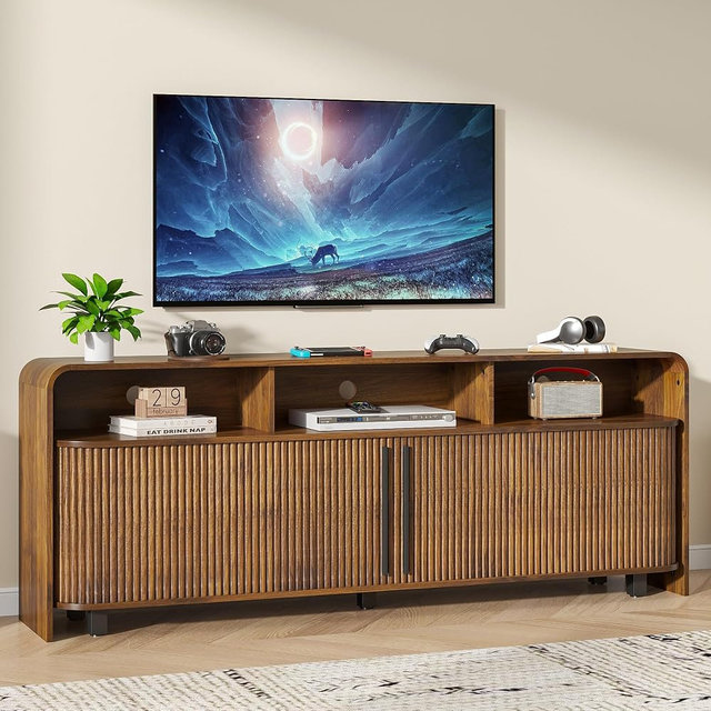 Woemtoric Fluted TV Stand for 75 65 80 Inch TV, 70 Inch Long Walnut Entertainment Center, Large Mid Century Modern TV Console Media, Adjustable Shelves, Sliding Doors, Living Room, Wood