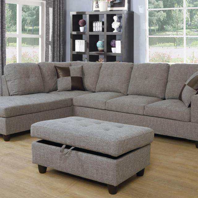 For-U Furnishing Gray Brown Linen Sectional Sofa, Left Facing Chaise, 74.5"D x 103.5"W x 35"H