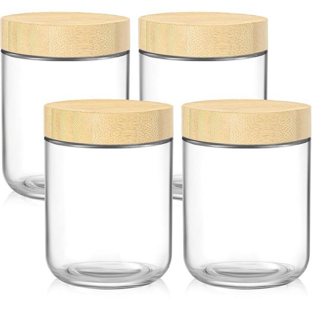 DRKIO 16 Oz Overnight Oats Containers with Bamboo Lids - 4 Pack Glass Storage Jars with Airtight Lids Wide Mouth Mason Food Jars Great for Meal Prep Salad Chia Pudding Snacks Yogurt Sugar Spice Cereal