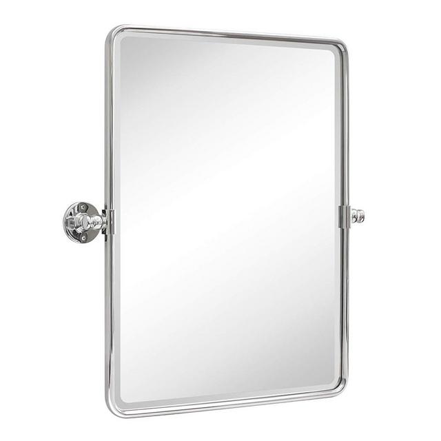 TEHOME 20 x 24 inch Farmhouse Chrome Metal Framed Pivot Rectangle Bathroom Mirror Rounded Rectangluar Tilting Beveled Vanity Mirrors for Wall