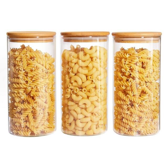 Vtopmart Set of 3 Glass Food Storage Jars, 50oz Food Containers with Airtight Bamboo Wooden Lids for Pasta, Nuts, Flour, Glass Canisters for Kitchen, Pantry Organization and Storage, BPA Free