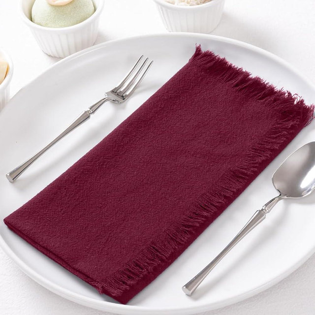 DeZerlor 6 Pack Burgundy Red Cotton Linen Napkins with Fringe Christmas Napkins Cloth Set of 6 Boho Handmade Dinner Napkins Bulk for Wedding Winter Xmas Dining Table Decor, 17 x 17 Inches