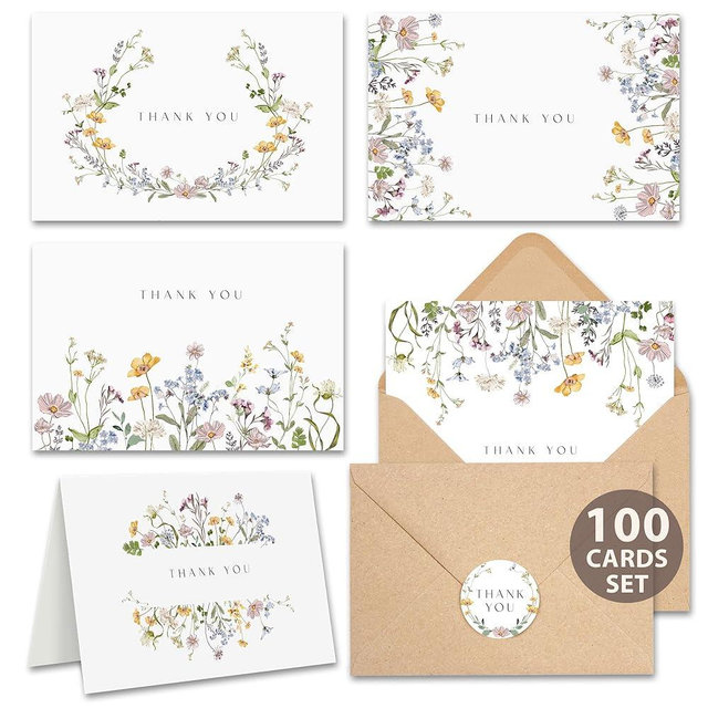 AUDREE Floral Thank You Cards with Envelopes (bulk 100-4x6) - Wildflower Thank You Cards with Envelope and Stickers - Greeting Notes with Envelopes Set for Wedding, Bridal Showers, Baby Showers