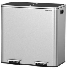 SONGMICS Trash Can, 2 x 10.6 Gallon (2 x 40 L) Garbage Can for Kitchen, with 15 Trash Bags, 2 Compartments, Plastic Inner Buckets and Hinged Lids, Airtight, Silver and Black ULTB730E80