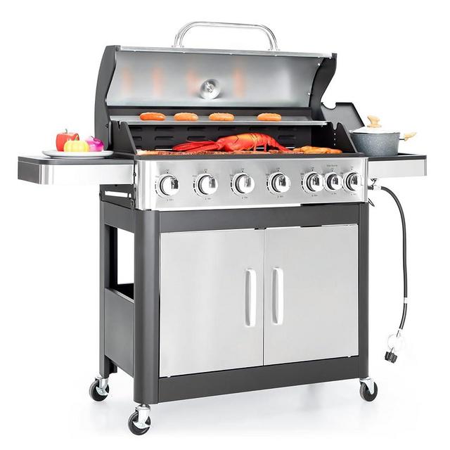 Captiva Designs 6-Burners Propane Gas BBQ Grill with Side Burner & Porcelain-Enameled Cast Iron Grate for Outdoor Kitchen & Backyard Barbecue, 65,800 BTU Output,665 SQ.IN. Cooking Area,Stainless Steel
