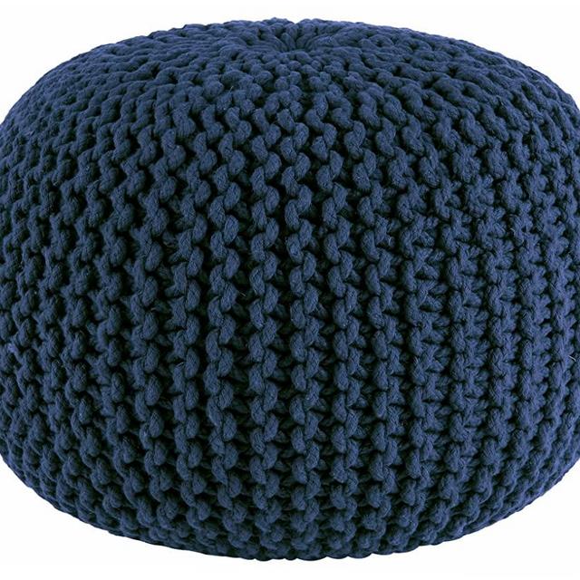 COTTON CRAFT - Hand Knitted Cable Style Dori Pouf - Blue - Floor Ottoman - 100% Cotton Braid Cord - Handmade & Hand Stitched - Truly one of a Kind Seating - 20 Dia x 14 High