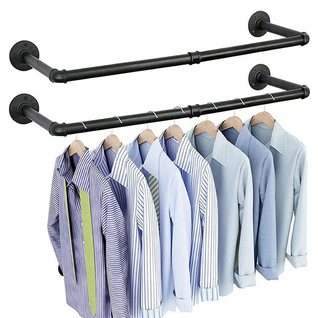 OROPY Industrial Pipe Clothes Rack Wall Mounted Set of 2, 38.4 inches Heavy Duty Iron Pipe Clothing Garment Rail, Multi-Purpose Clothing Hanging Rod for Laundry Room and Closet Storage