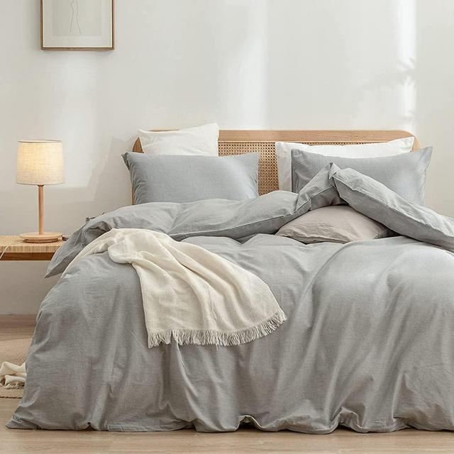 BESTOUCH Duvet Cover Set 100% Washed Cotton Linen Feel Super Soft Comfortable Chic Lightweight 3 PCs Home Bedding Set Solid Light Grey Queen