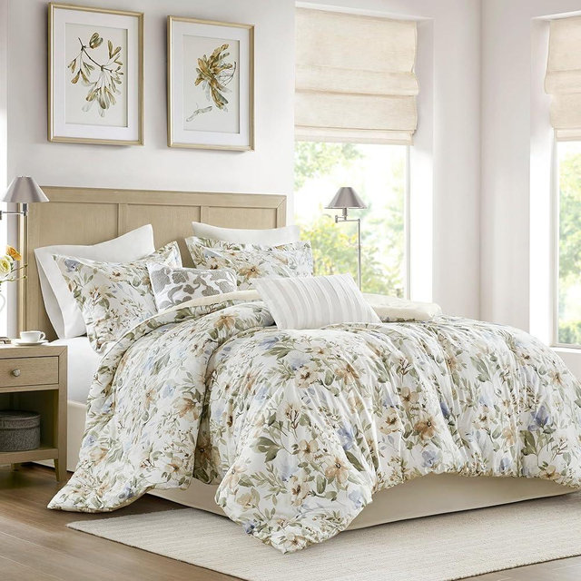 Harbor House Queen Comforter Set Watercolor Floral Print, 300TC Sateen Cotton Comforters for Queen Size Bed, All Season Oversized Comforter, Shams, Bed Skirt, Décor Pillows, Queen, Multi, 6 Piece