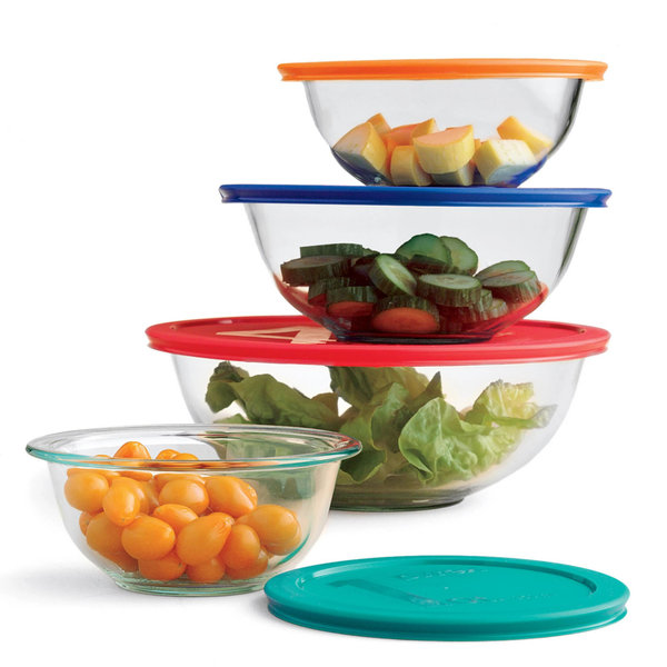 Pyrex Mixing Bowl Set: 322 1qt, 323 1.5qt, 325 2.5qt, 326 4qt Glass Bowls with 322-PC Green, 323-PC Orange, 325-PC Cadet Blue & 326-PC Red Lids - Made in USA