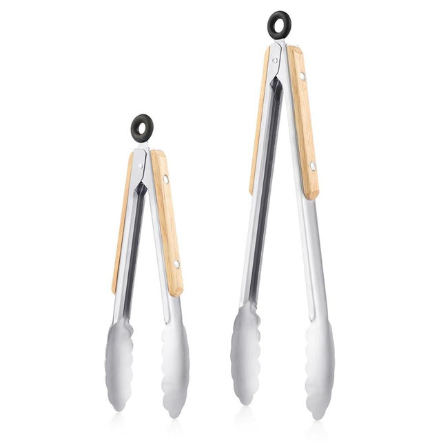 2 Pcs Tongs For Cooking - 9 Inch and 12 Inch, Stainless Steel Kitchen Tongs, Heat Resistant 1100°F, Pull Ring Lock, Solid Wood Handles, For Grilling, Barbecuing, Cooking