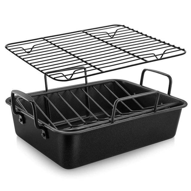 HaSteeL Roasting Pan, 15.2" Turkey Roaster Pan Set of 3, Non Stick Chicken Roasting pan with V Shape Rack Baking Grate for Thanksgiving Day, Great for Ovens Electric Ceramics, Dishwasher Safe, Black
