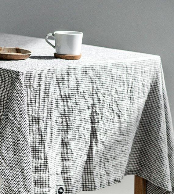 Washed linen tablecloth in small checks / Handmade linen tablecloth
