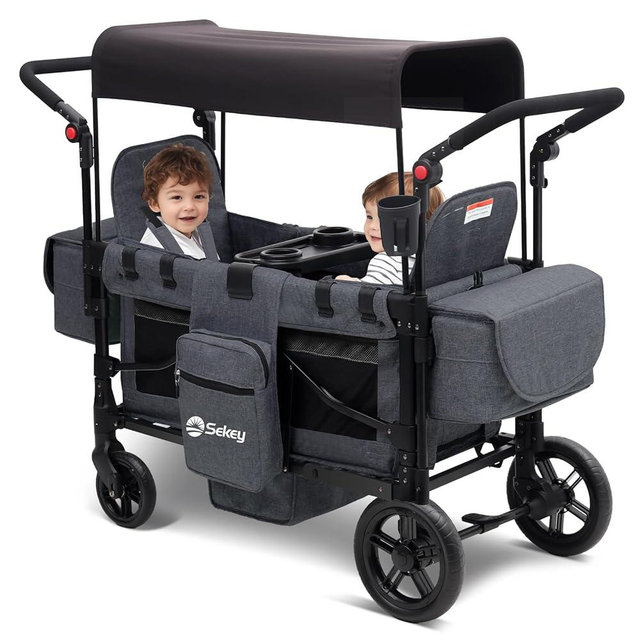Sekey Wagon Stroller for 2 Kids, Luxury 4-in-1 Stroller Wagon - Premium Quality with Convertible Seats, Adjustable Push Handles, Removable Canopy, Snack Tray & Cooler, US Certified