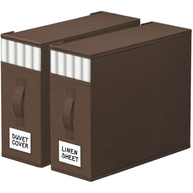 StorageTastic 2 Pack Bed Sheet Closet Organizers and Storage,Sturdy Foldable Storage Containers with Window and Label,Storage and Organization for Bedding Sheets,Duvet Covers,Blankets (Brown)