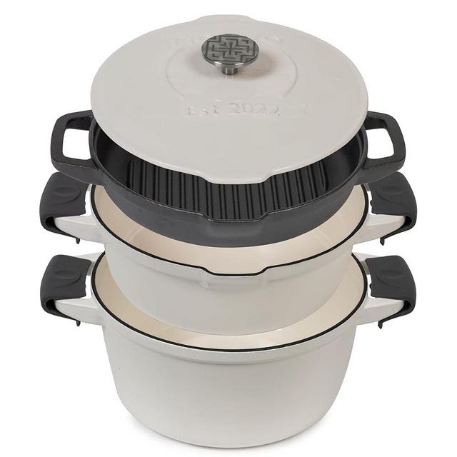 NATIVO 5pc Stackable Cast Iron Cookware Set, Versatile Enamel Dutch Oven, Seasoned Grill Pan & Enamel Braiser with Precision Pour Spouts, Universal Lid, Included Spacers/Handle Holders, White Dutch