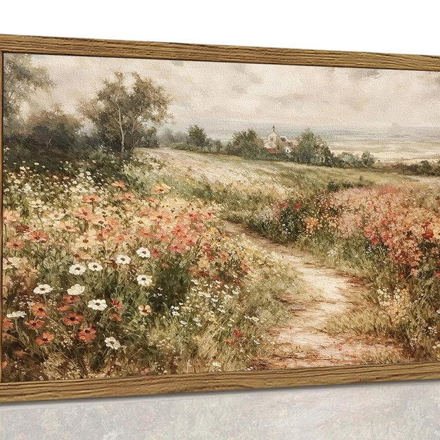 Vintage Cottage Core Flower Wall Art Cottagecore Wildflower Wall Decor Painting Modern Country Farmhouse Landscape Artwork 3D Textured Sandstone for Living Room Bedroom 12x16 inch Wood Framed