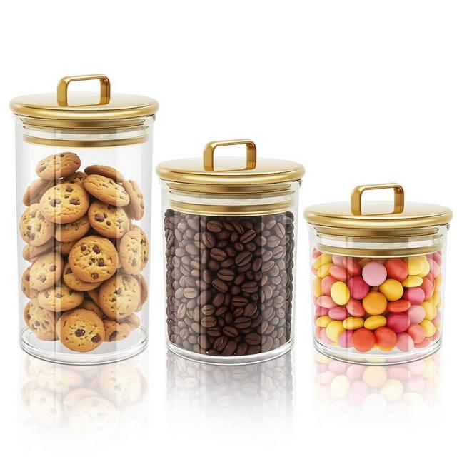 3-Pack Clear Storage Jars with Gold Lids | PET Airtight Containers for Bathroom, Vanity, Kitchen | Decorative Candy Jar, Bath Bomb Holder, Cotton Ball Organizer