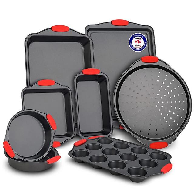 Baking Set – 8 Piece Kitchen Oven Bakeware Set – Deluxe Non-Stick Black Coating Inside and Outside – Carbon Steel – Red Silicone Handles – PFOA PFOS and PTFE Free by Bakken