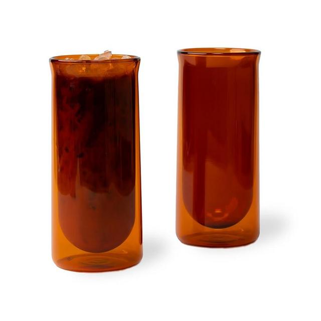 FLUR Iced Coffee Glass (Set of 2): For Iced Coffee and Iced Drinks - Double-Walled Borosilicate Glass - Handmade - 15.5oz (Amber)