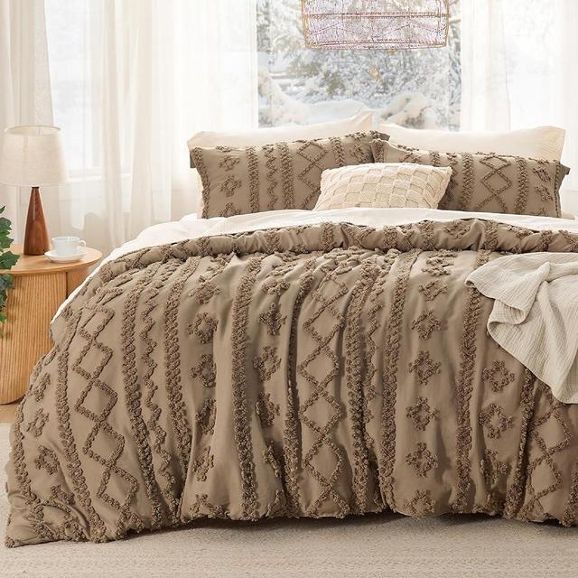 Bedsure Tufted Boho Comforter Set Queen - Brown Boho Bedding Comforter Set, 3 Pieces Farmhouse Shabby Chic Embroidery Bed Set, Gifts for Woman, Soft Jacquard Comforter for All Seasons