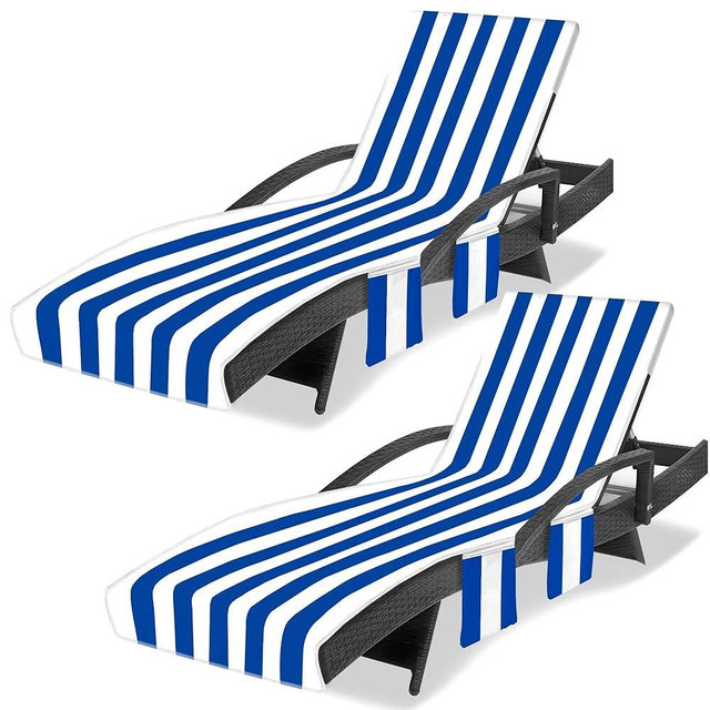 Ruikyhom Lounge Chair Towel Cover, Beach Chair Covers (Pack of 2), Chaise Lounge Cover with 3 Pockets for Pool Beach Garden Courtyard Outdoor Trips, 85 x30 in, Striped Dark Blue