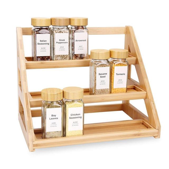 MNADSFKJ Spice Rack Organizer for Cabinet, 3 Tier Spice Rack, Bamboo Spice Organizer for Kitchen Cabinet, Pantry and Countertop Organization- Natural