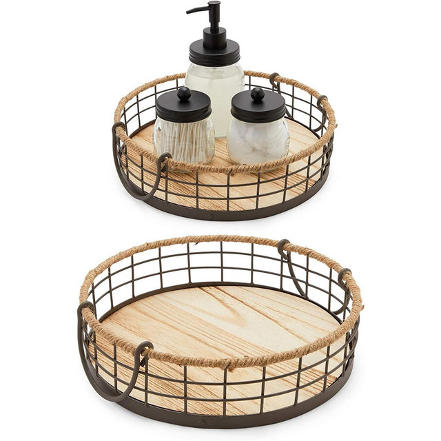 Juvale 2 Pack Round Wooden Wire Basket Trays with Handles, Farmhouse Decor