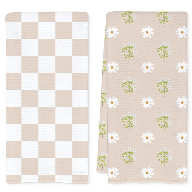 QEJ Boho White Daisy Floral Kitchen Dish Towels, Beige and White Checkered Cottagecore Flower Decorative Hand Tea Towels for Bathroom Kitchen, 16x24 Inch Set of 2