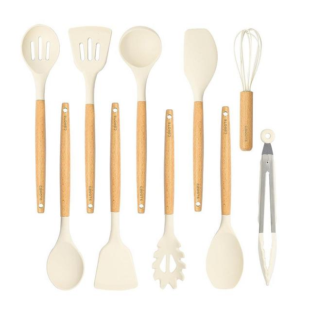 CAROTE Silicon Cooking Utensils Set for Kitchen,446°F Heat Resistant 10 pcs Non-Stick Cooking Set with Wooden Handle Spatula Turner Spoon Tongs Whisk