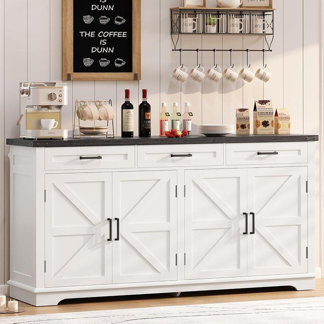 TEENFON 61" Farmhouse Buffet Cabinet with 2 Adjustable Shelves, Sideboard with 3 Drawers & 4 Doors, Rustic Storage Cabinet for Kitchen, Entryway, Coffee Bar, White
