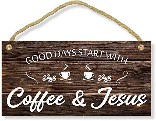 CAHUNXIE Coffee Sign - Kitchen Coffee Bar Decor - Farmhouse Kitchen Plaque 5"x10" Rustic Wood Hanging Plaque Wall Art Office Decoration Good Days Start with Coffee & Jesus