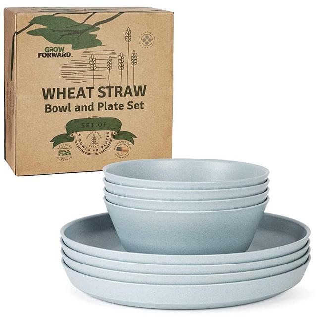 Grow Forward Premium Wheat Straw Dinnerware Sets - 8 Piece Unbreakable Microwave Safe Dishes - Reusable Wheatstraw Dinnerware Plates and Bowls Set for Cereal, Salad, Soup, Camping, RV, Dorm - Glacier