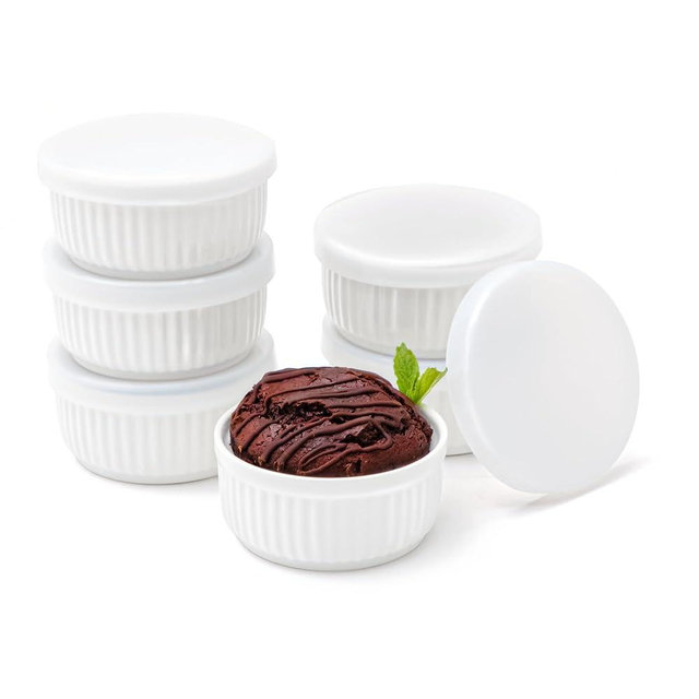 Nuwave 6pc Ceramic Ramekins w/Lid 8oz, Classic Elegant Style Ramekins, Bake Souffles, Creme Brulées, Custards, Puddings, 4.3” Wide & 2” Tall, Oven, Microwave & Dishwasher-Safe, PFAS Free, Ivory White