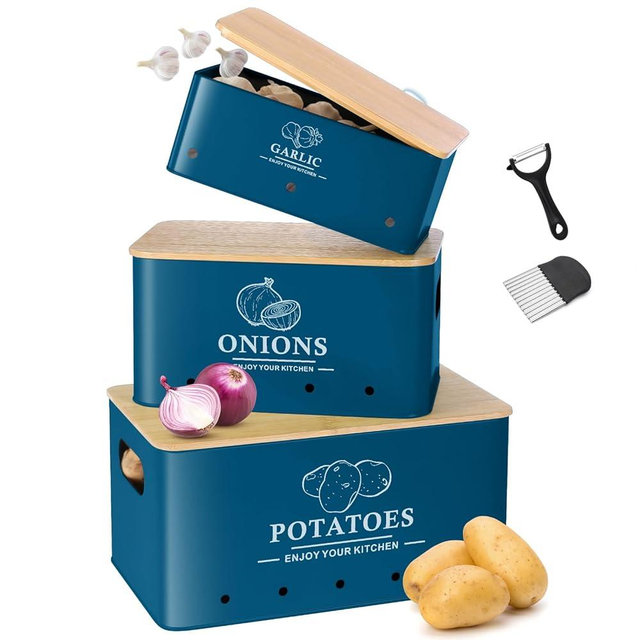 Dekosilave Kitchen Vegetable Storage Set of 3, Metal Onion Garlic Potato Storage Set, Kitchen Canisters Vegetable Keeper Containers with Aerating Holes and Wooden Lid (Dark Blue)