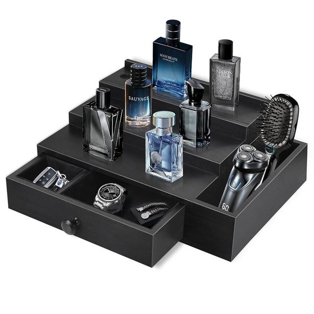 Cologne Stand Organizer for Men, 3 Tier Cologne Display Shelf with Velvet Lining Drawer and Compartments for Watch, Jewelry, Perfume Display Risers for Cologne, Great Gift for Father