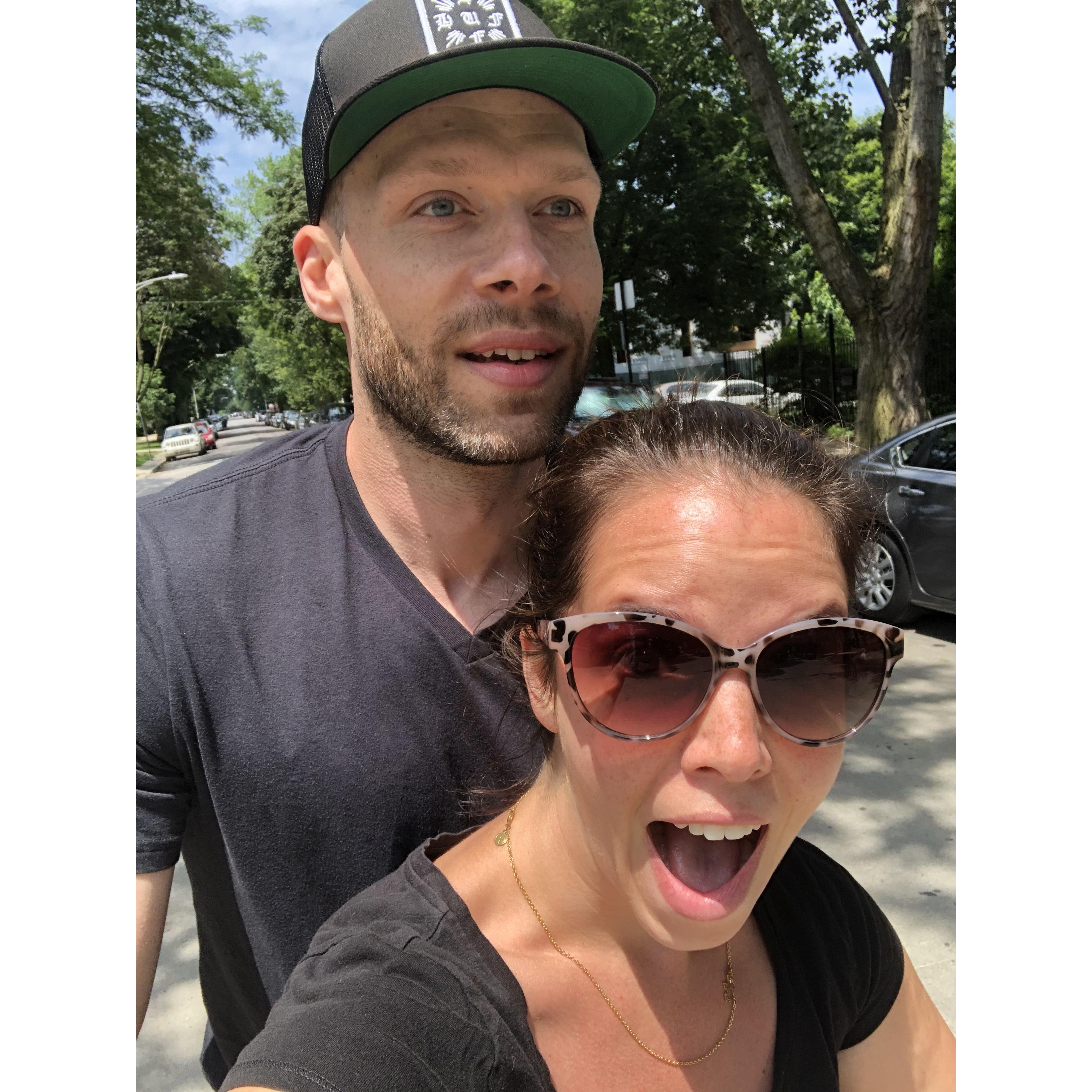 Tandem scooter riding through Logan Square - one of Ryan's favorite things that terrifies Lisa!