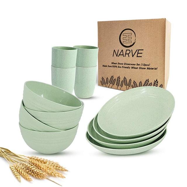 Wheat Straw Dinnerware Sets (12pcs) Green- Unbreakable Microwave Safe-Lightweight Bowls, Cups, Plates Set-Reusable, Eco Friendly,Dishwasher Safe,Wheat Straw Plates,Wheat Straw Bowls, Cereal Bowls