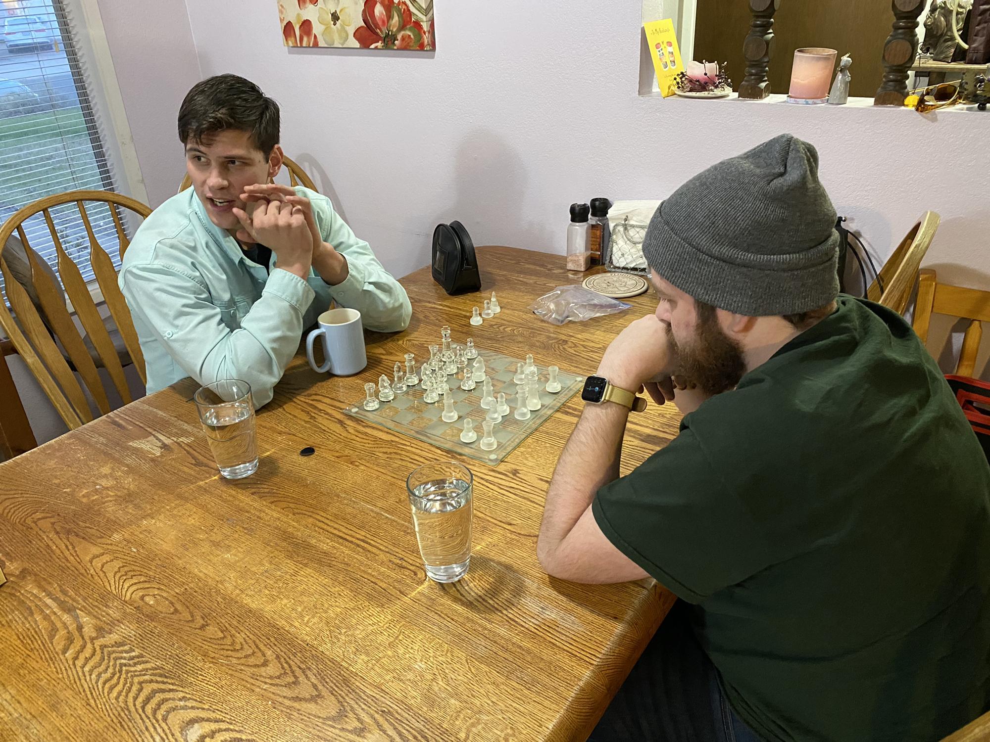 Brandon’s an avid chess player. Here he played John Henry, Tanna’s cousin from Massachusetts during a family hangout for her Grandpa’s 90th birthday.