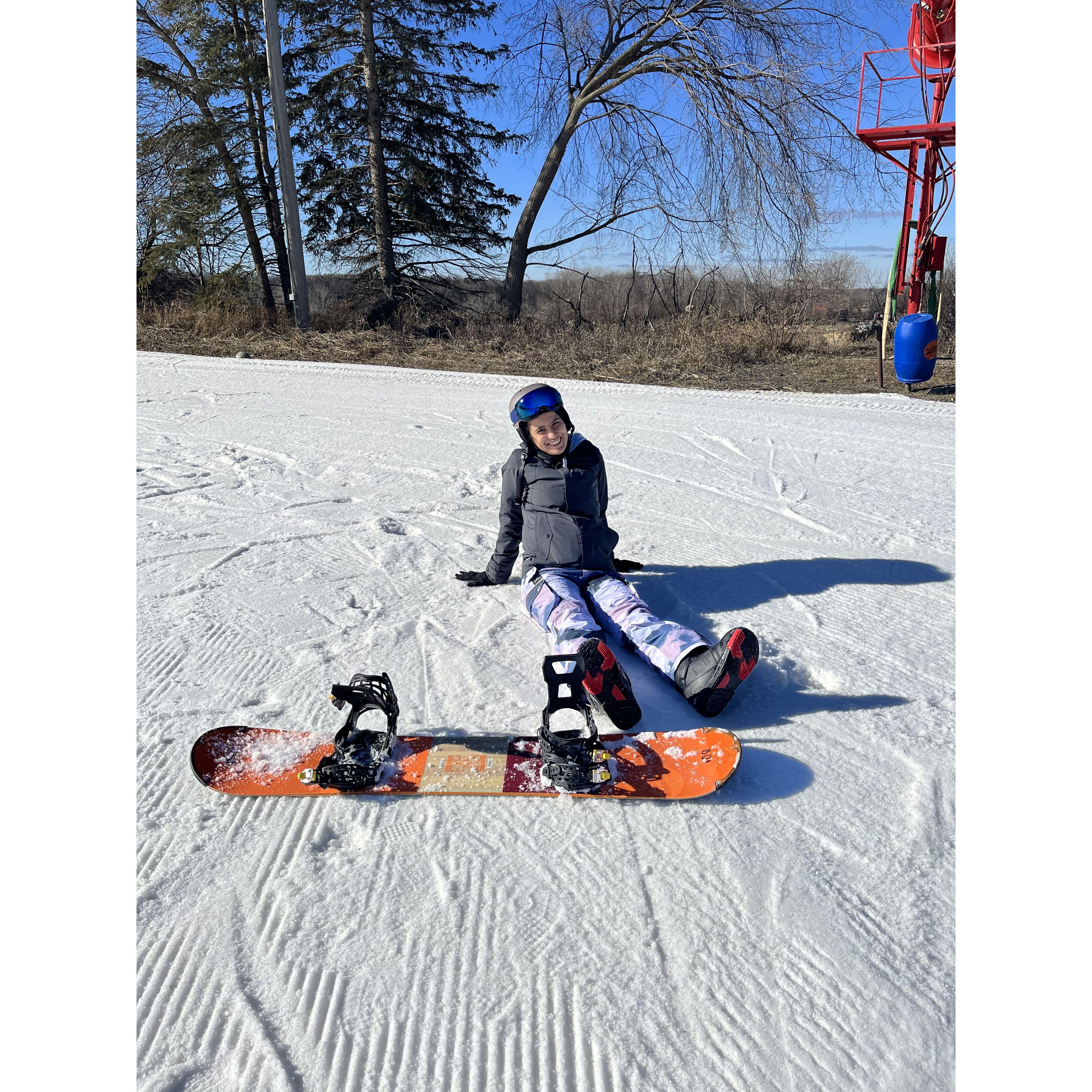 Mark somehow got Jen to go snowboarding and she took the bunny hill by storm!