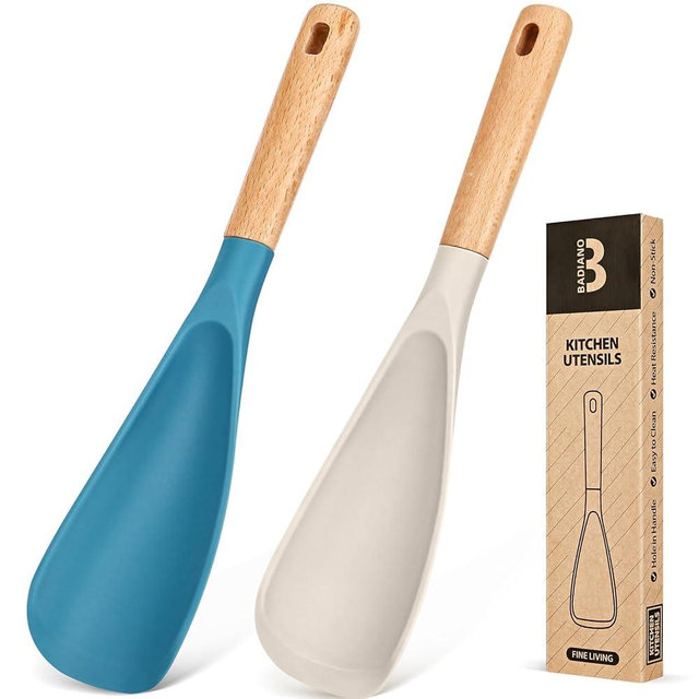 Cooking Spoon for Nonstick Cookwares, Great for Cooking and Serving Sturdy BPA-Free Matte Silicone, Wood Handle Spoon for Mixing, Scoop, and Scrape (Khaki & Turquoise, 11.4 inch)