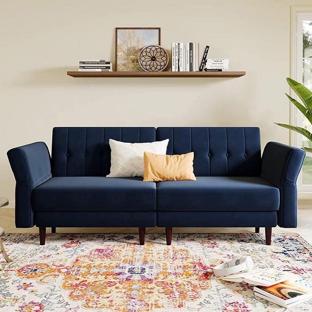 Belffin Velvet Convertible Futon Sofa Bed Memory Foam Futon Couch Sleeper Sofa Navy Blue