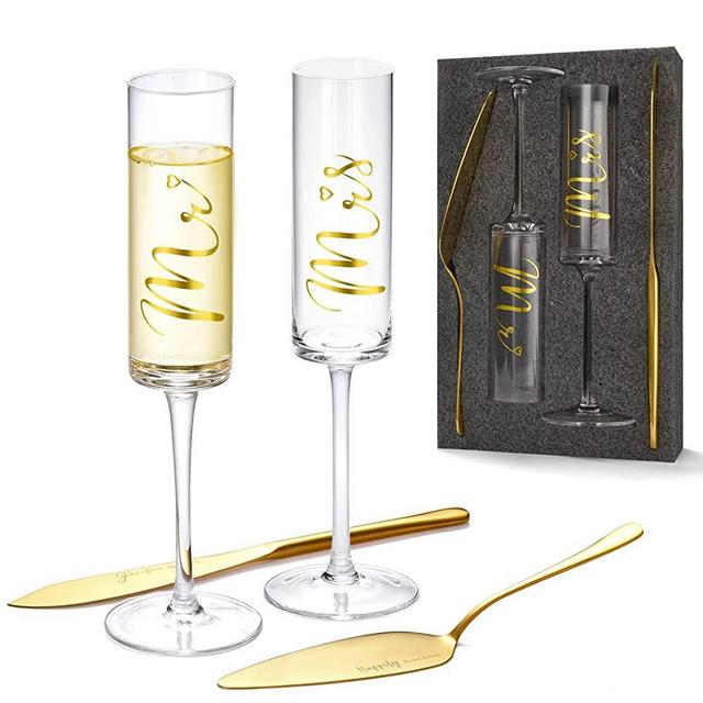 Wedding Cake Knife and Server Set, Modern Style Gold Wedding Champagne Flutes, Bride and Groom Champagne Flutes Toasting Glasses Engraved Mr and Mrs, Cake Cutting Set for Wedding Engagement Gifts