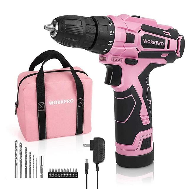 WORKPRO Pink Cordless Drill Driver Set, 12V Electric Screwdriver Driver Tool Kit for Women, 3/8" Keyless Chuck, Charger and Storage Bag Included - Pink Ribbon