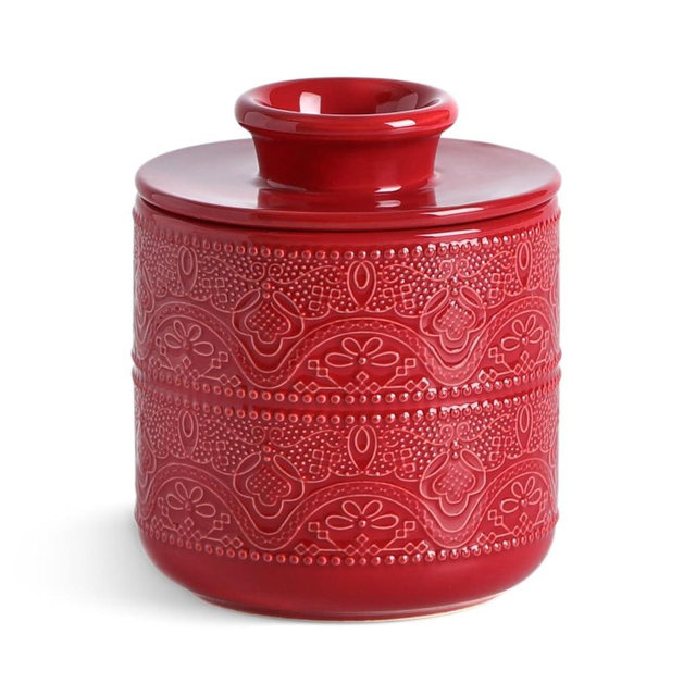 Butter Crock, Ceramic Butter Keeper & Dish with Lid - Keeps Butter Soft and Spreadable Fresh for Countertop, Christmas Gift for Home Kitchen (Red, One Size)