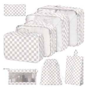 8 Set Packing Cubes for Suitcases, Packing Cubes with Shoe, Cosmetics, Clothing, Accessories Bags for Travel Luggage Organizer Women Men(Light Pink Checkered)