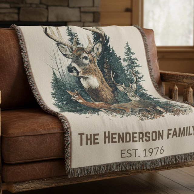Personalized Family Cabin Blanket Vintage Deer Woven Throw Custom Name Lake House Decor Cozy Rustic Mountain Cabin Gift Nature Lover Blanket